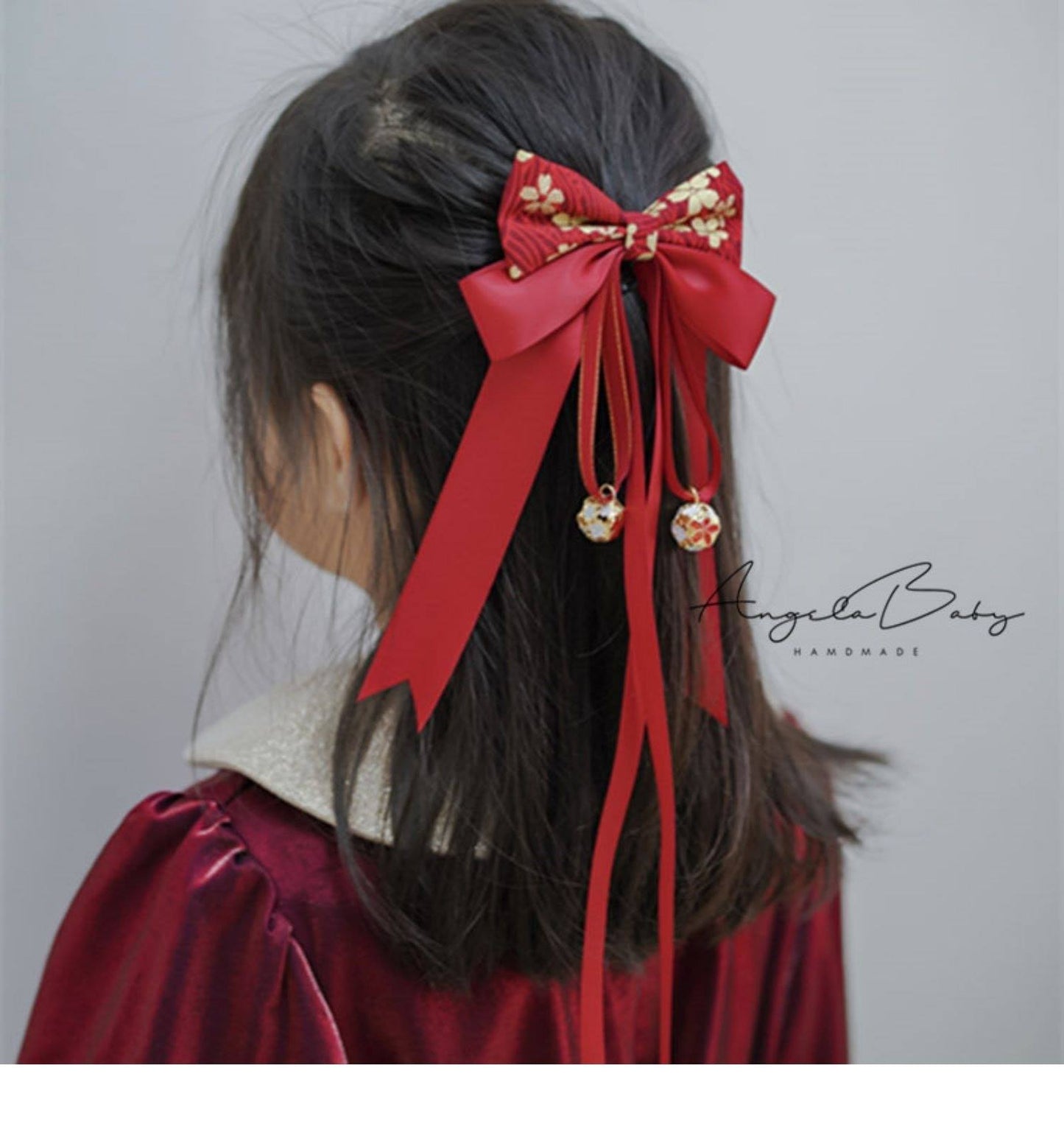 1 x Handmade Kimono Fabric Hair Bows with Bell- Red Ribbon