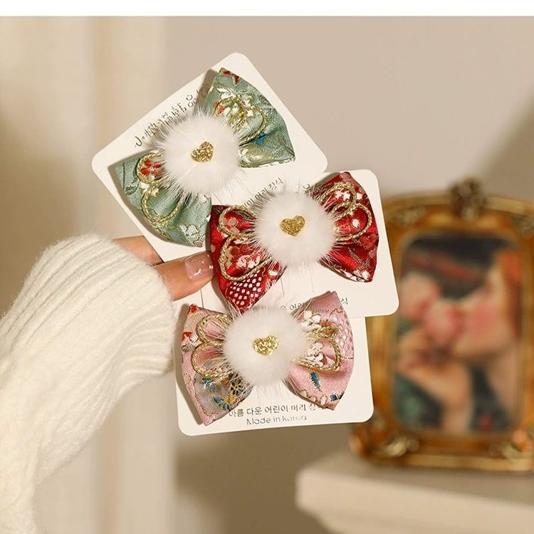 1 x Japanese Style Pom Pom Floral Hair Bows - Pink