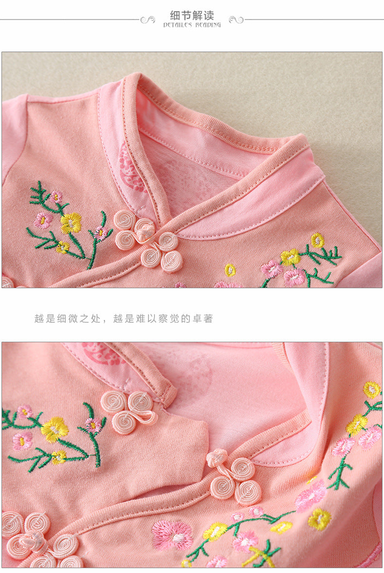 Cotton Floral Embroidery Baby Cheongsam Romper- Pink
