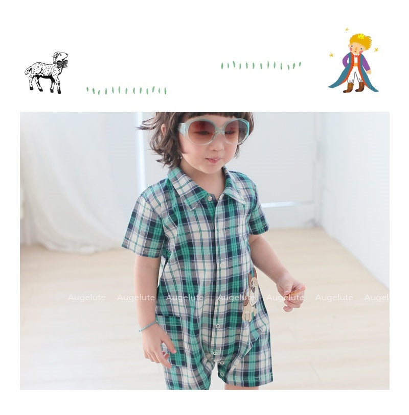 Green Check Shirt Dog Embroidery Romper