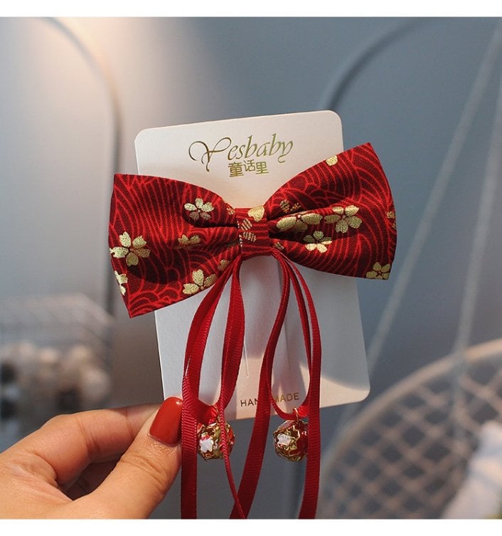 1 x Handmade Kimono Fabric Hair Bows with Bell- Maroon Bow