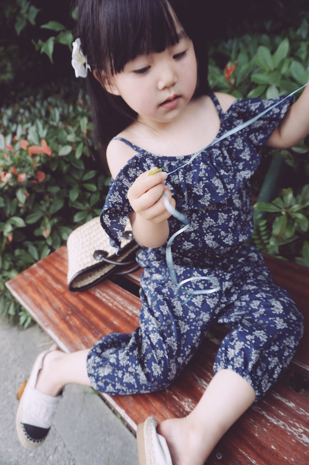 Girls Floral Off Shoulder Blouse and Short Set- Navy