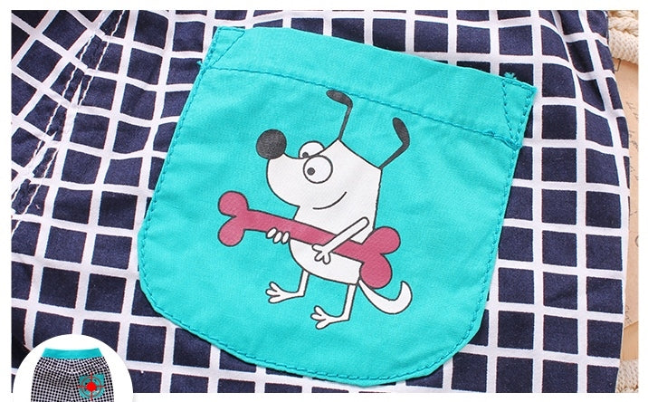 Cyan & White Checked Shorts with Puppy Print