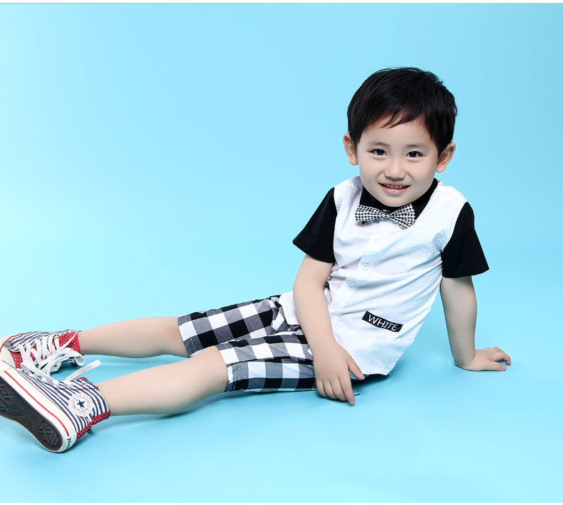 Boy Short Sleeve Bow Tie Two-Tone Shirt, Black