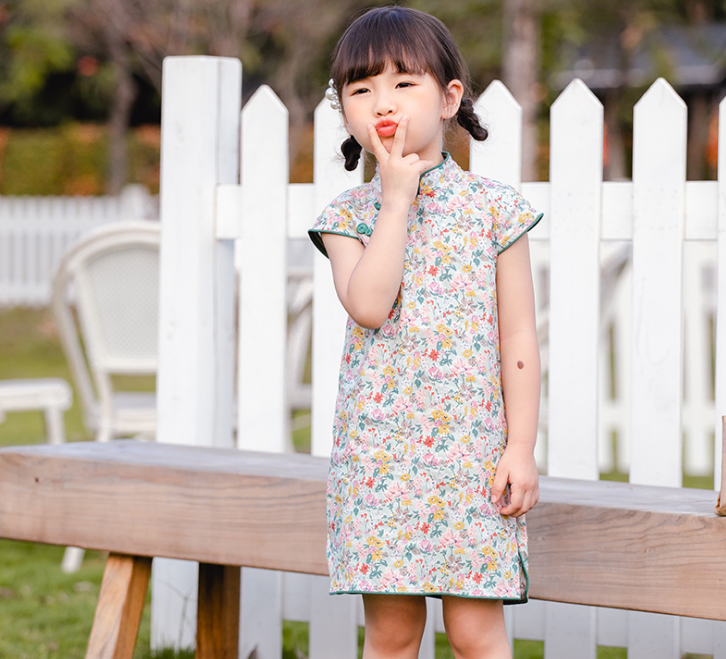 Girls Floral Cheongsam Dress - Green