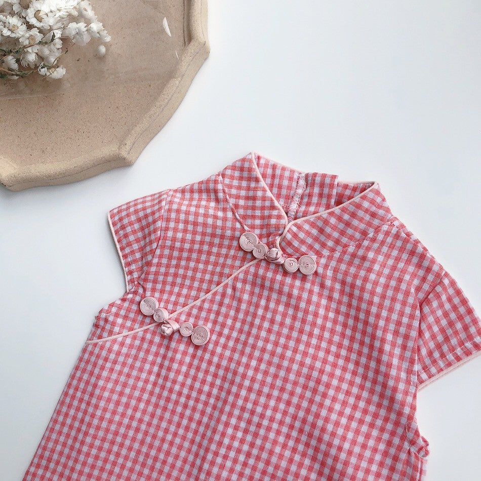 Girls Pink Checked Cheongsam Dress
