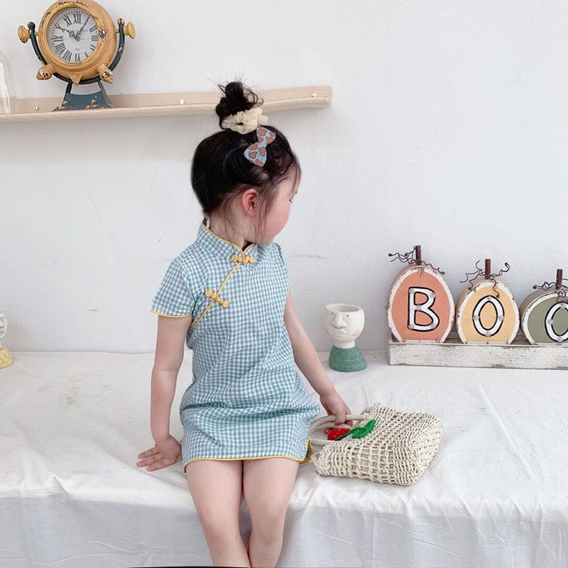Girls Green Check Cheongsam Dress