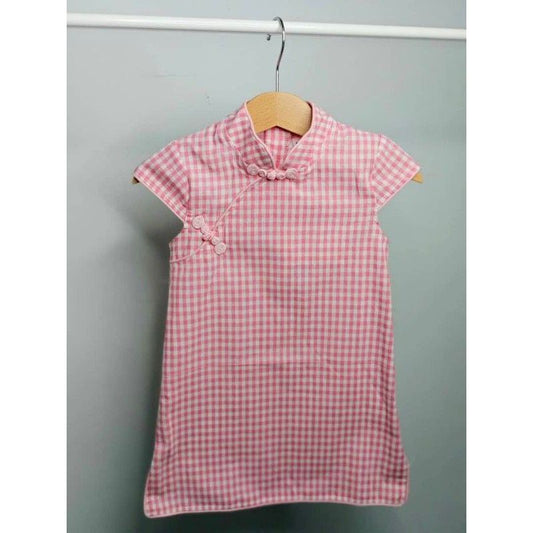 Girls Pink Checked Cheongsam Dress