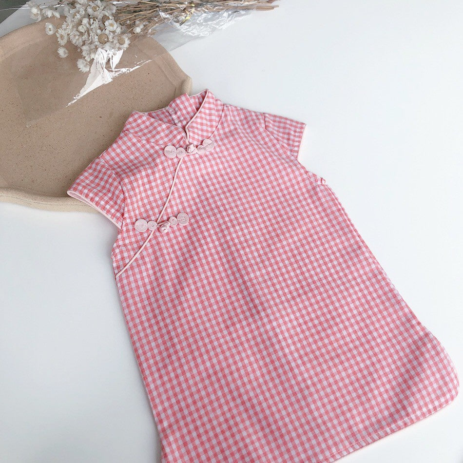 Girls Pink Checked Cheongsam Dress