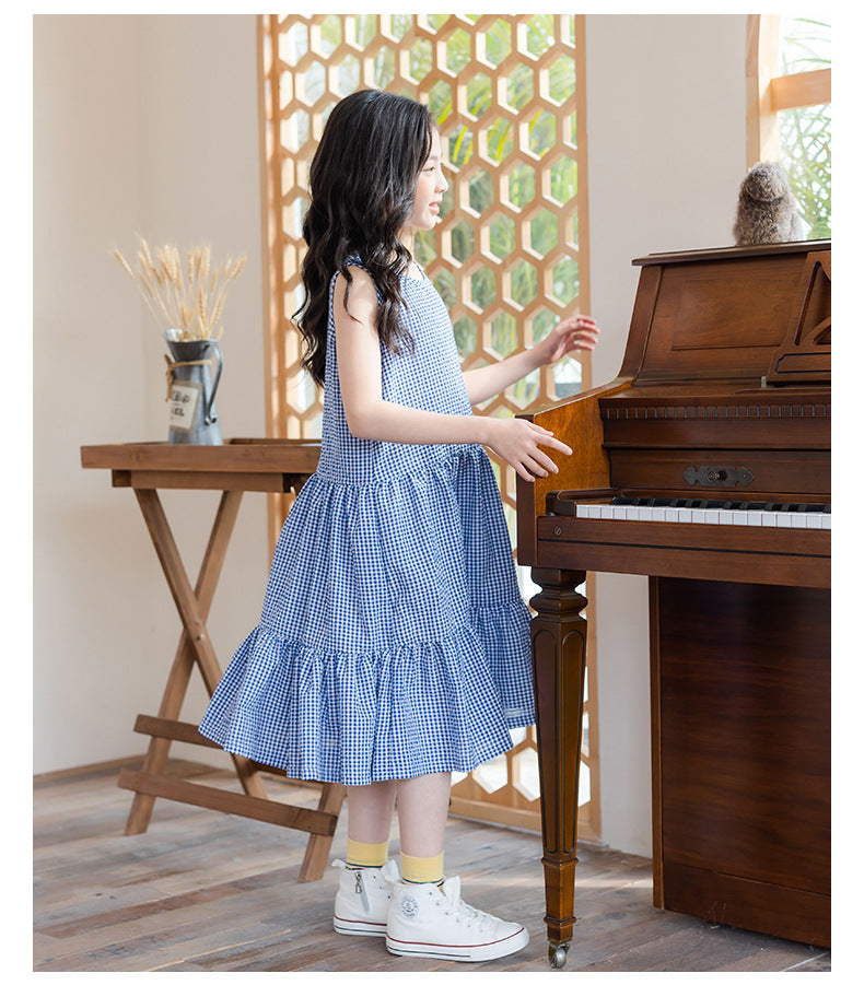 Checked Cotton Pinafore Dress - Blue