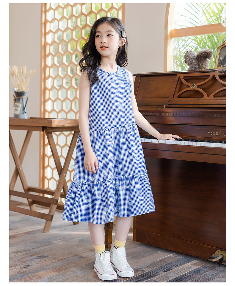 Checked Cotton Pinafore Dress - Blue