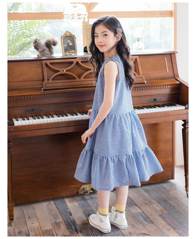 Checked Cotton Pinafore Dress - Blue