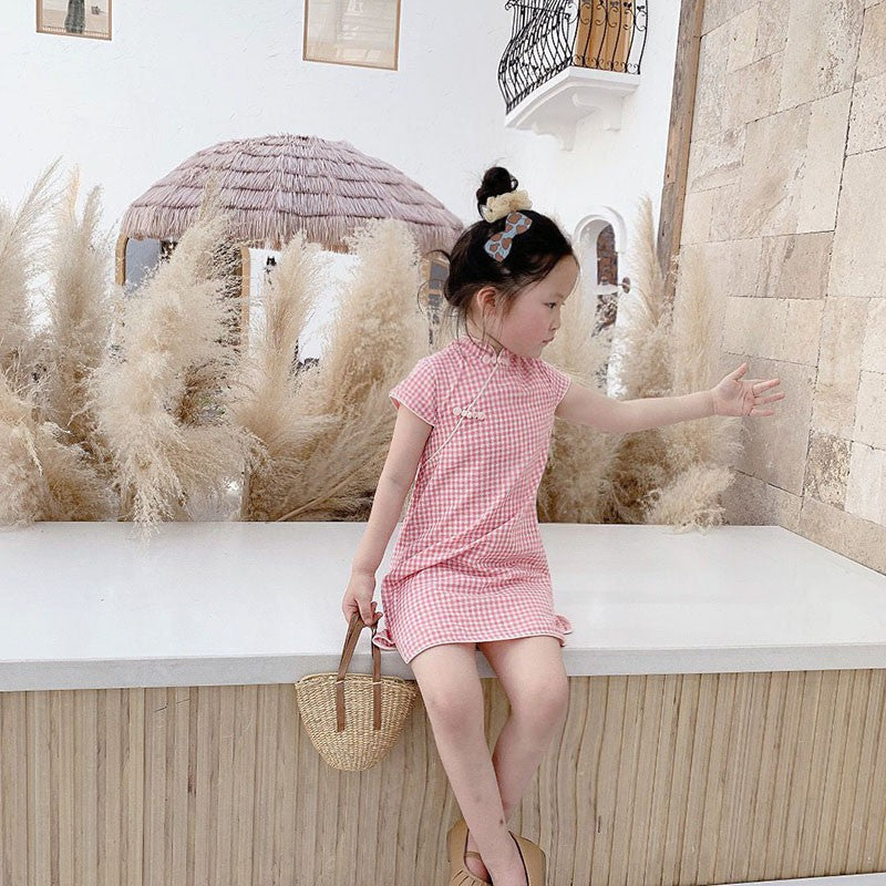 Girls Pink Checked Cheongsam Dress