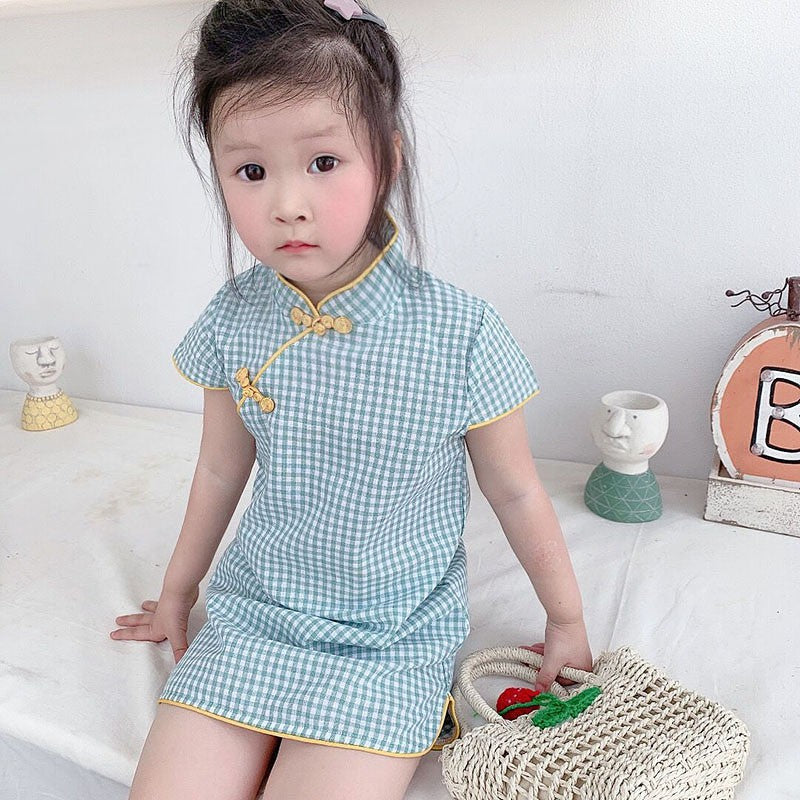 Girls Green Check Cheongsam Dress