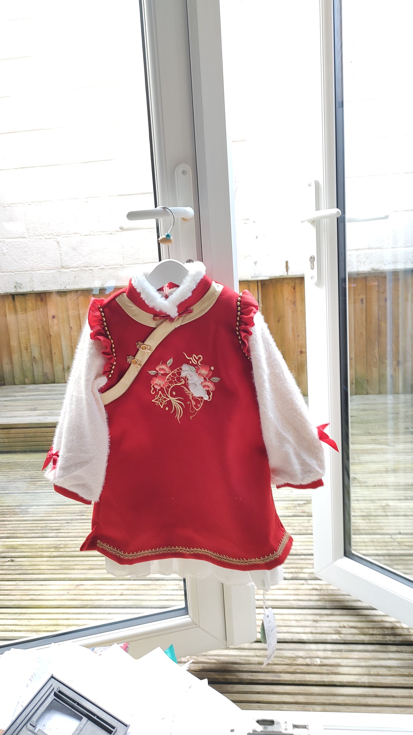 Girls Warm Knitwear Bunny Dress - Red /cream