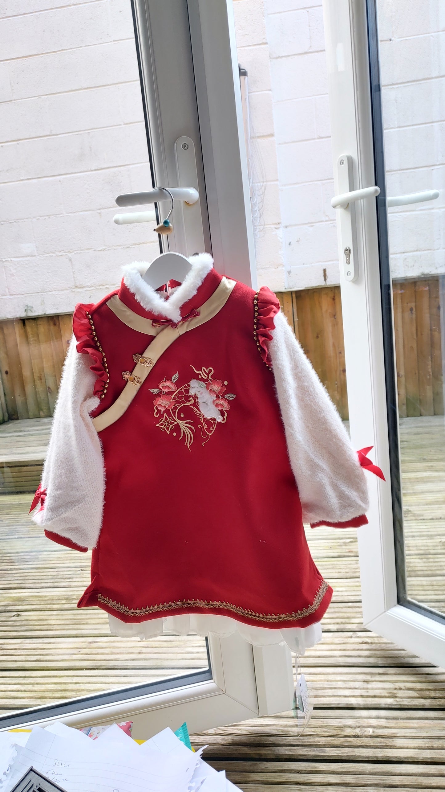 Girls Warm Knitwear Bunny Dress - Red /cream