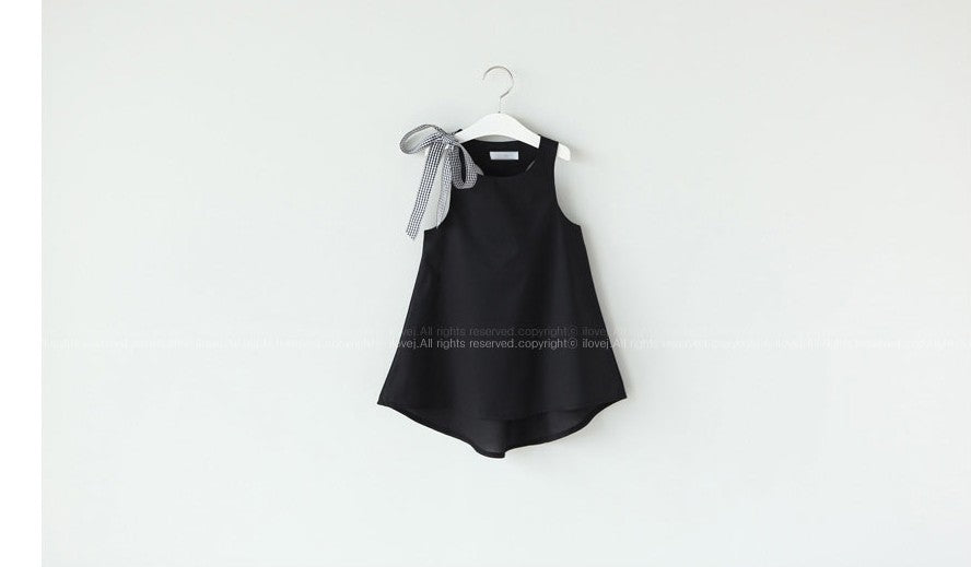 Girls Checked Bow Cotton Black Dress