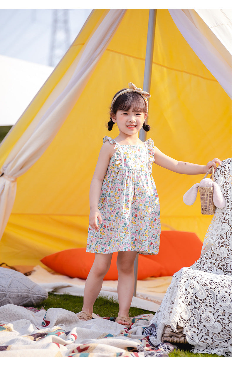 Girl Cotton Floral Dress -Green