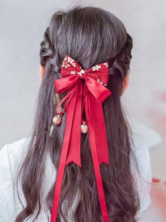 1 x Handmade Kimono Fabric Hair Bows with Bell- Red Ribbon