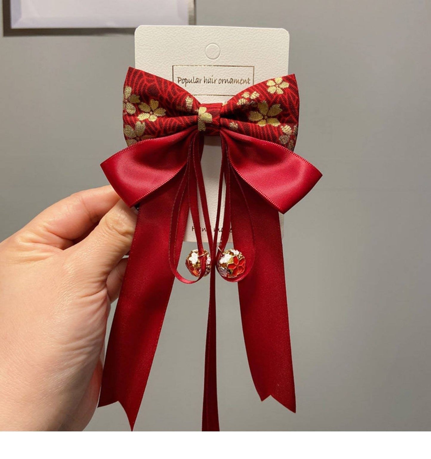 1 x Handmade Kimono Fabric Hair Bows with Bell- Red Ribbon