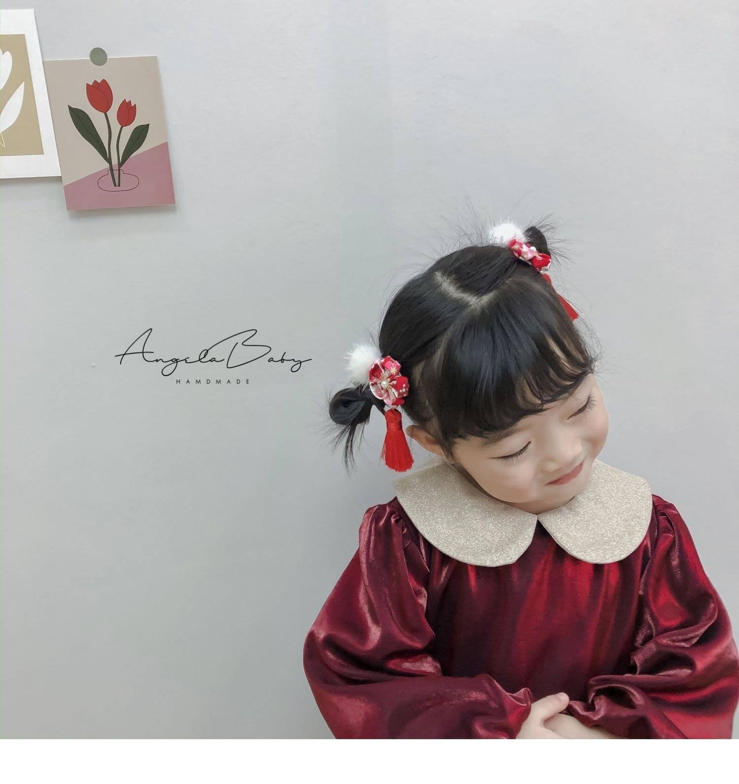 2 x Pom Pom Floral Hair Clips with tassel - Pink