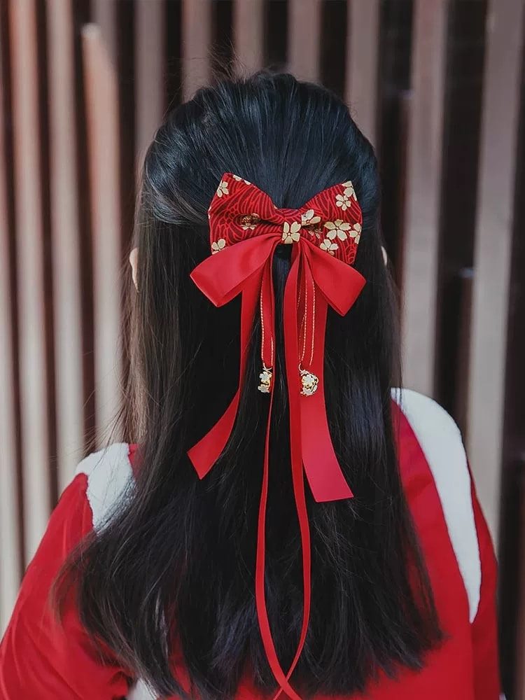 1 x Handmade Kimono Fabric Hair Bows with Bell- Red Ribbon