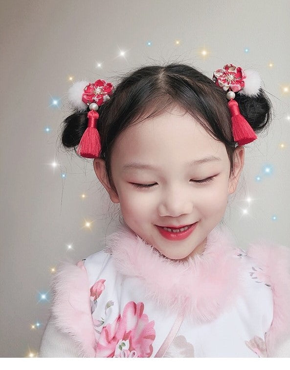 2 x Pom Pom Floral Hair Clips with tassel - Pink