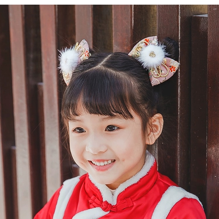 1 x Japanese Style Pom Pom Floral Hair Bows - Pink