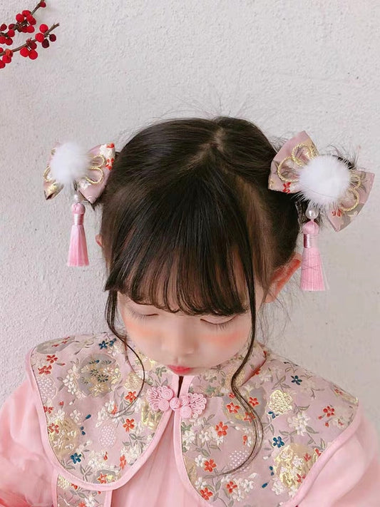 2 x Pom Pom Hair Bows with tassel - Pink