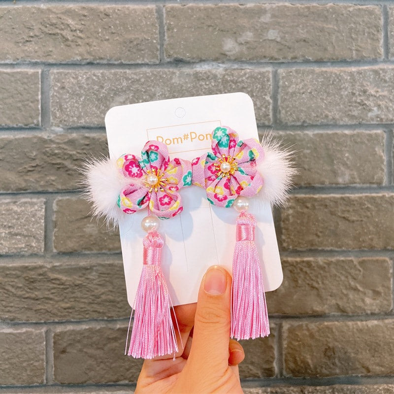 2 x Pom Pom Floral Hair Clips with tassel - Pink
