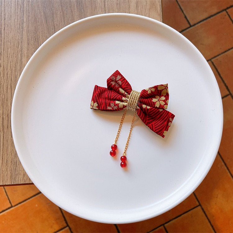 1 x Handmade Kimono Fabric Hair Bows - Red