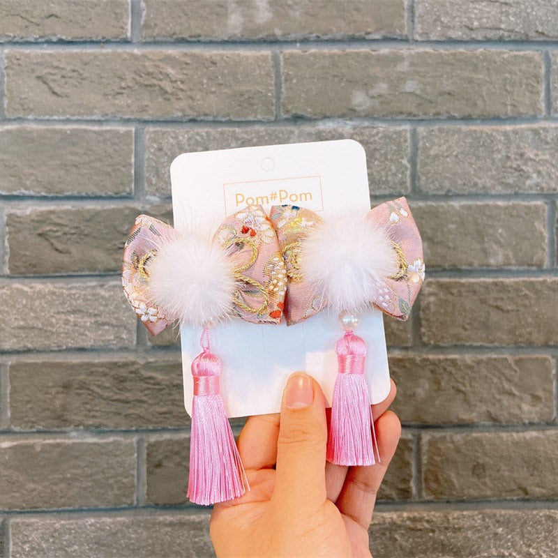 2 x Pom Pom Hair Bows with tassel - Pink