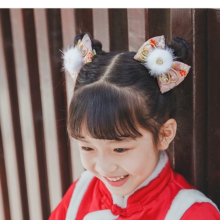 1 x Japanese Style Pom Pom Floral Hair Bows - Pink