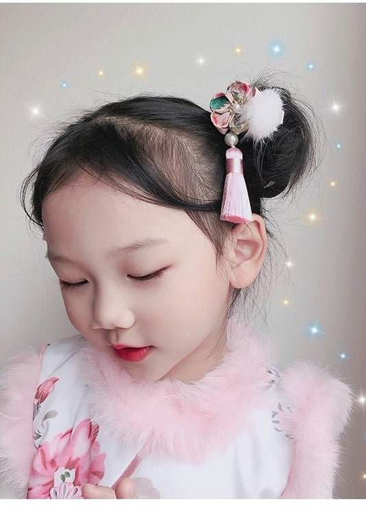 2 x Pom Pom Floral Hair Clips with tassel - Pink