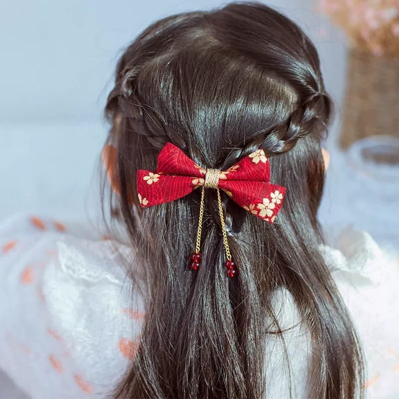 1 x Handmade Kimono Fabric Hair Bows - Red