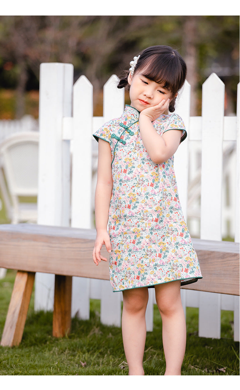 Girls Floral Cheongsam Dress - Green
