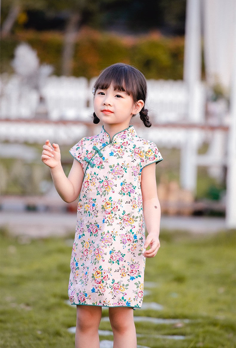 Girls Pink Floral Cheongsam Dress