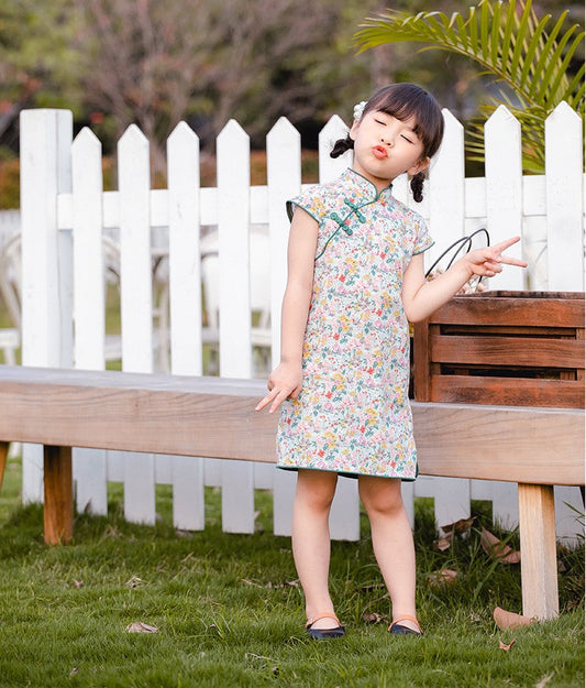 Girls Floral Cheongsam Dress - Green