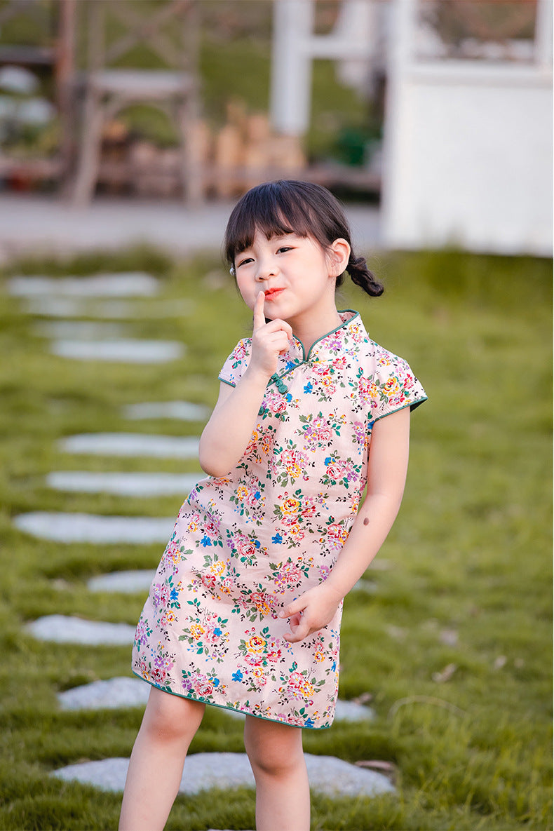 Girls Pink Floral Cheongsam Dress