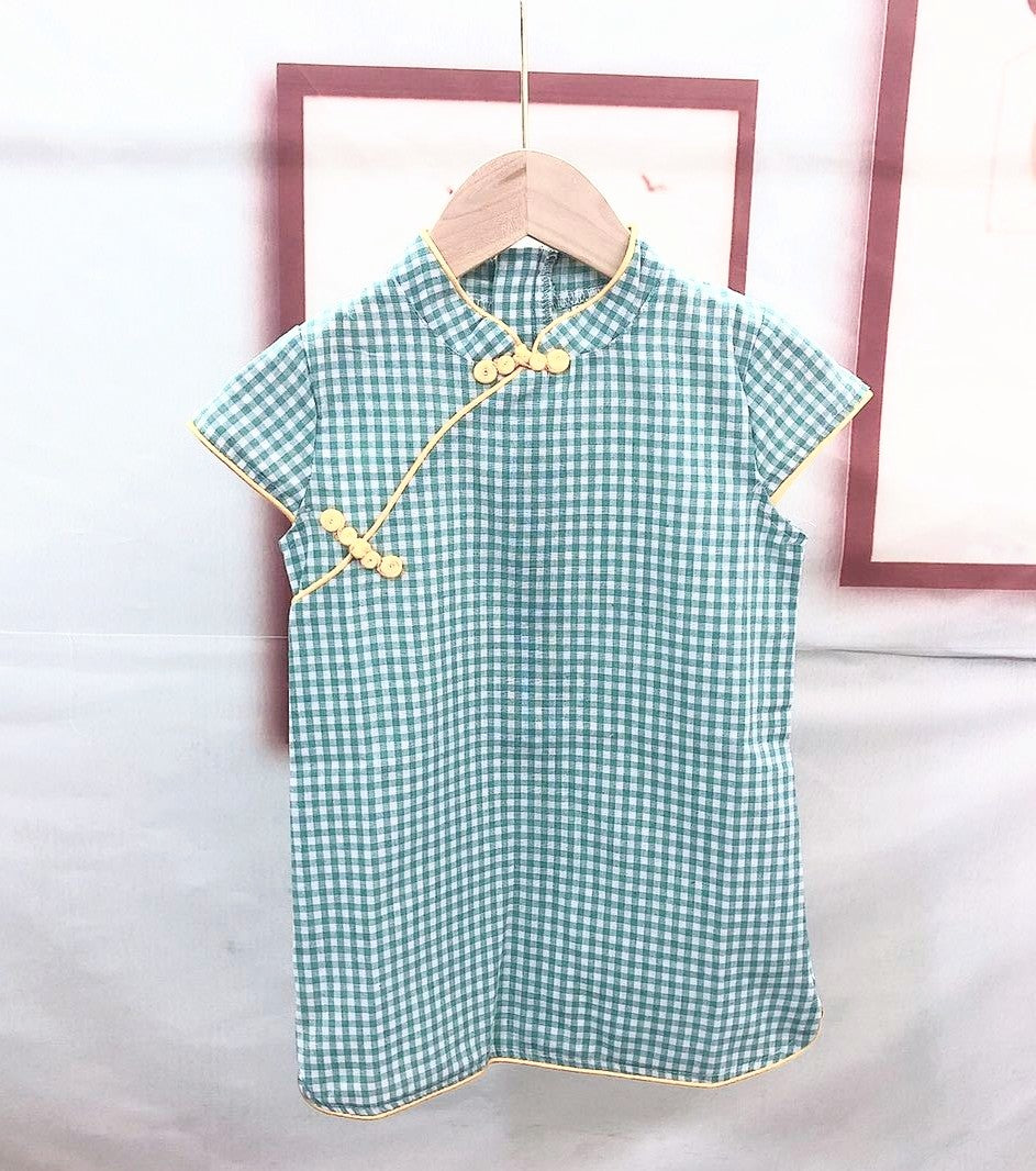 Girls Green Check Cheongsam Dress