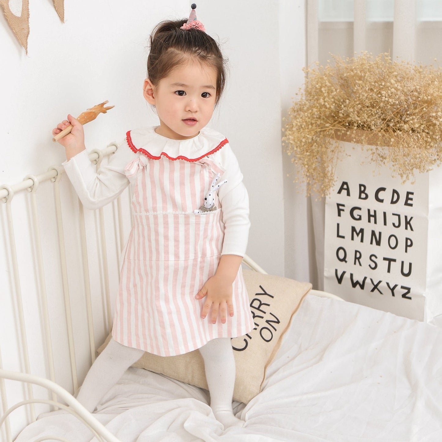 Girls Striped Cotton Pinafore Dress Set