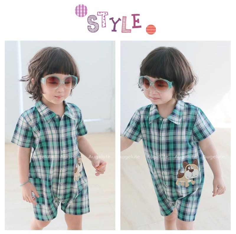 Green Check Shirt Dog Embroidery Romper
