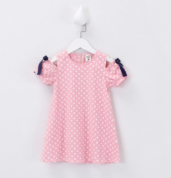 Pink Cotton Off Shoulder Polka Dot Girl Dress