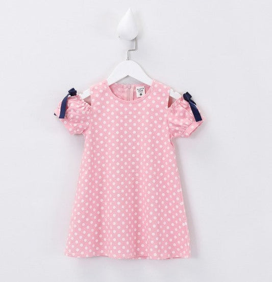 Pink Cotton Off Shoulder Polka Dot Girl Dress