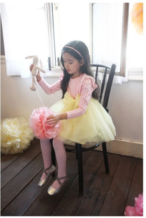 Girls Pink Check and Yellow Tulle Tutu Dress