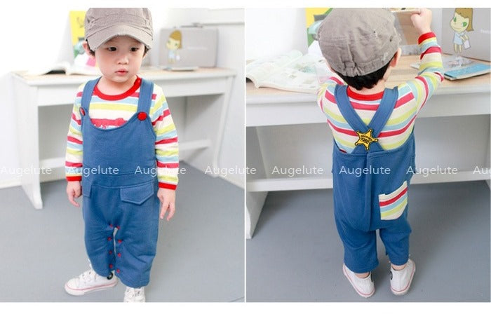 Blue Dungaree & Good Guy Striped Romper Set