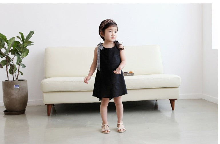 Girls Checked Bow Cotton Black Dress