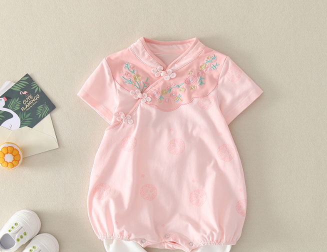 Cotton Floral Embroidery Baby Cheongsam Romper- Pink