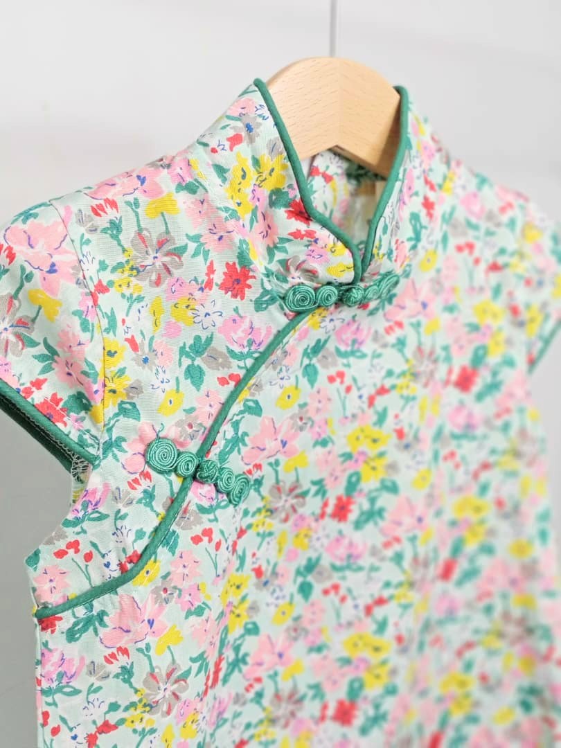 Girls Floral Cheongsam Dress - Green