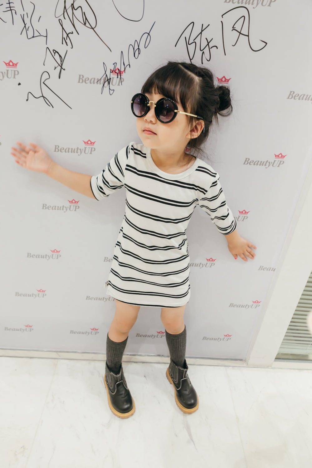 Girl's White Cotton black Striped Dress